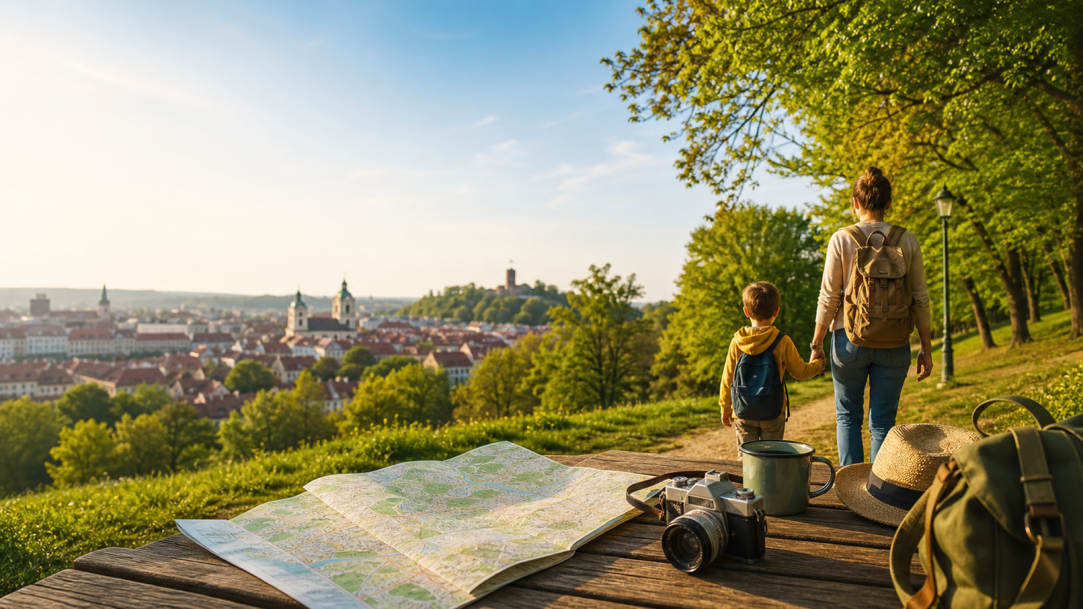 A parent and child overlooking a city park with a map on a picnic table.
