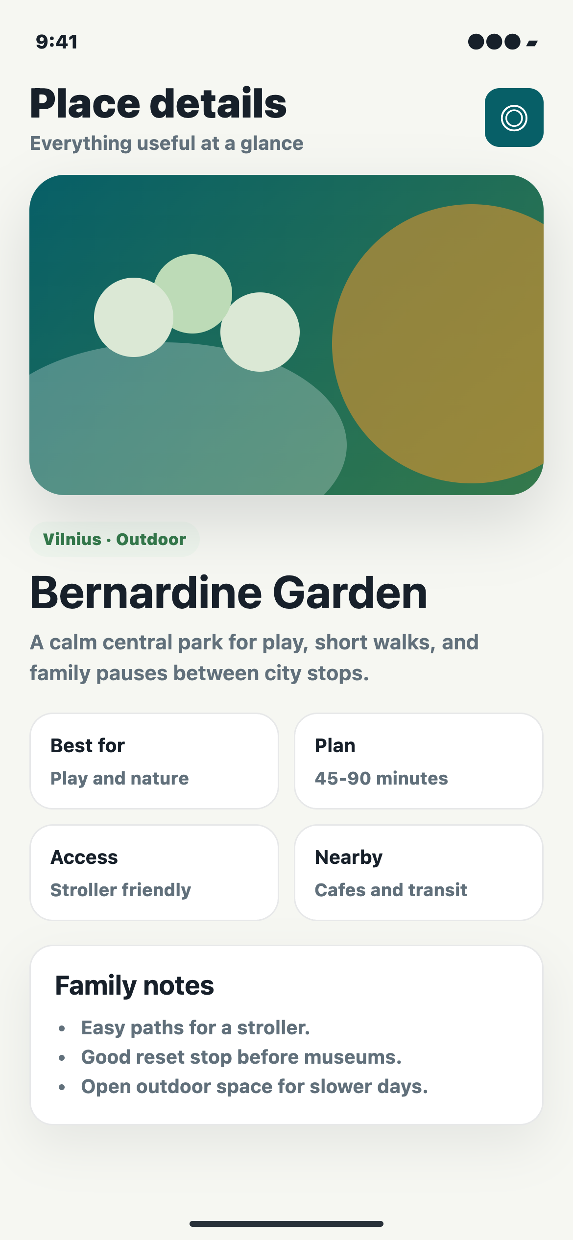 TheFamilyPlaces place detail screen with practical family notes and trip facts.