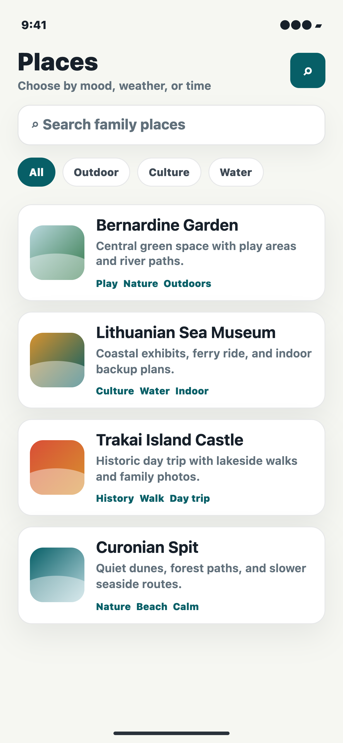 TheFamilyPlaces list screen showing searchable family places and category filters.