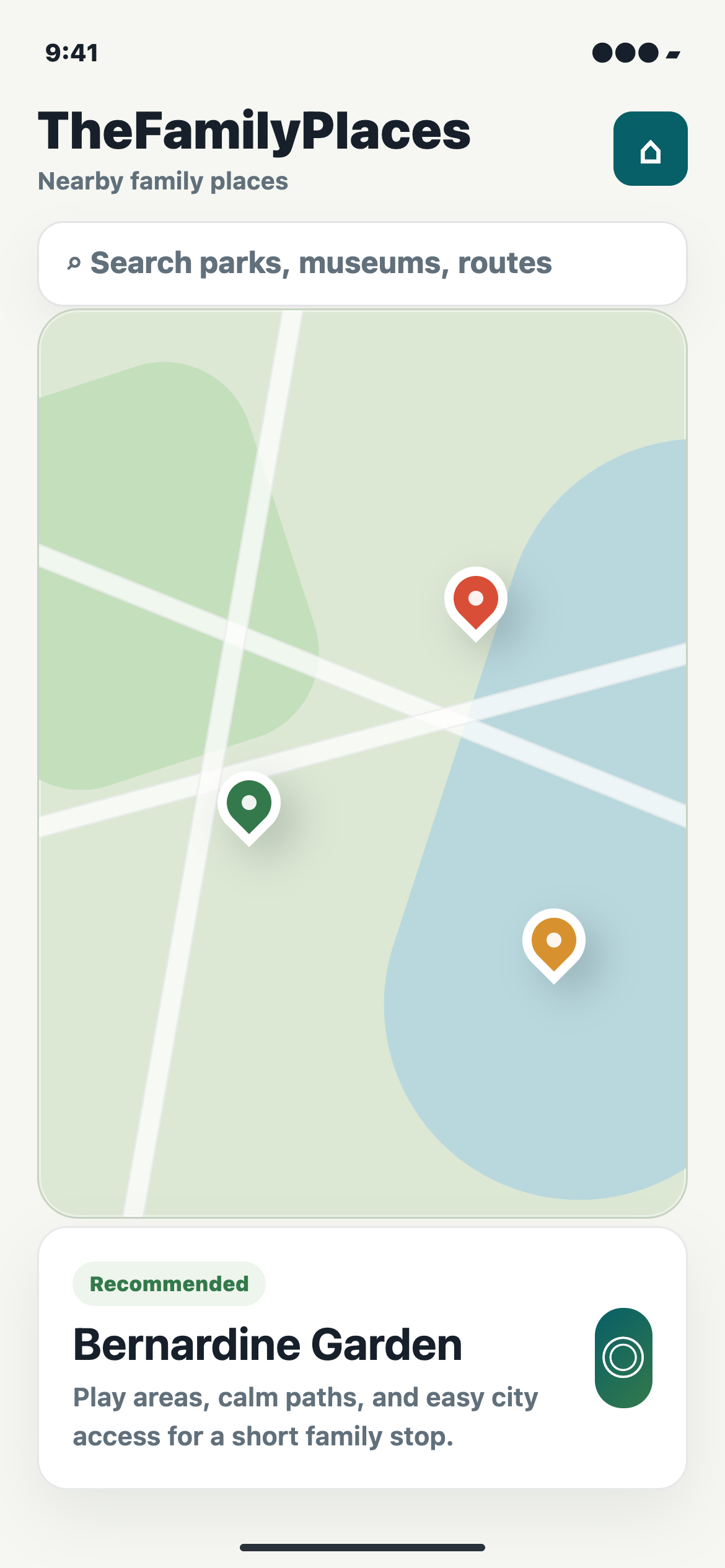 TheFamilyPlaces map screen with nearby family places and recommendation card.